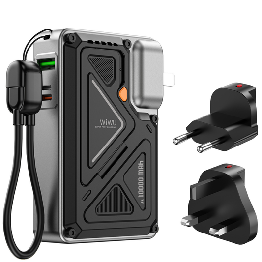 WiWU black 10000mAh rugged power bank with built-in international adapters, USB ports, and detachable cables