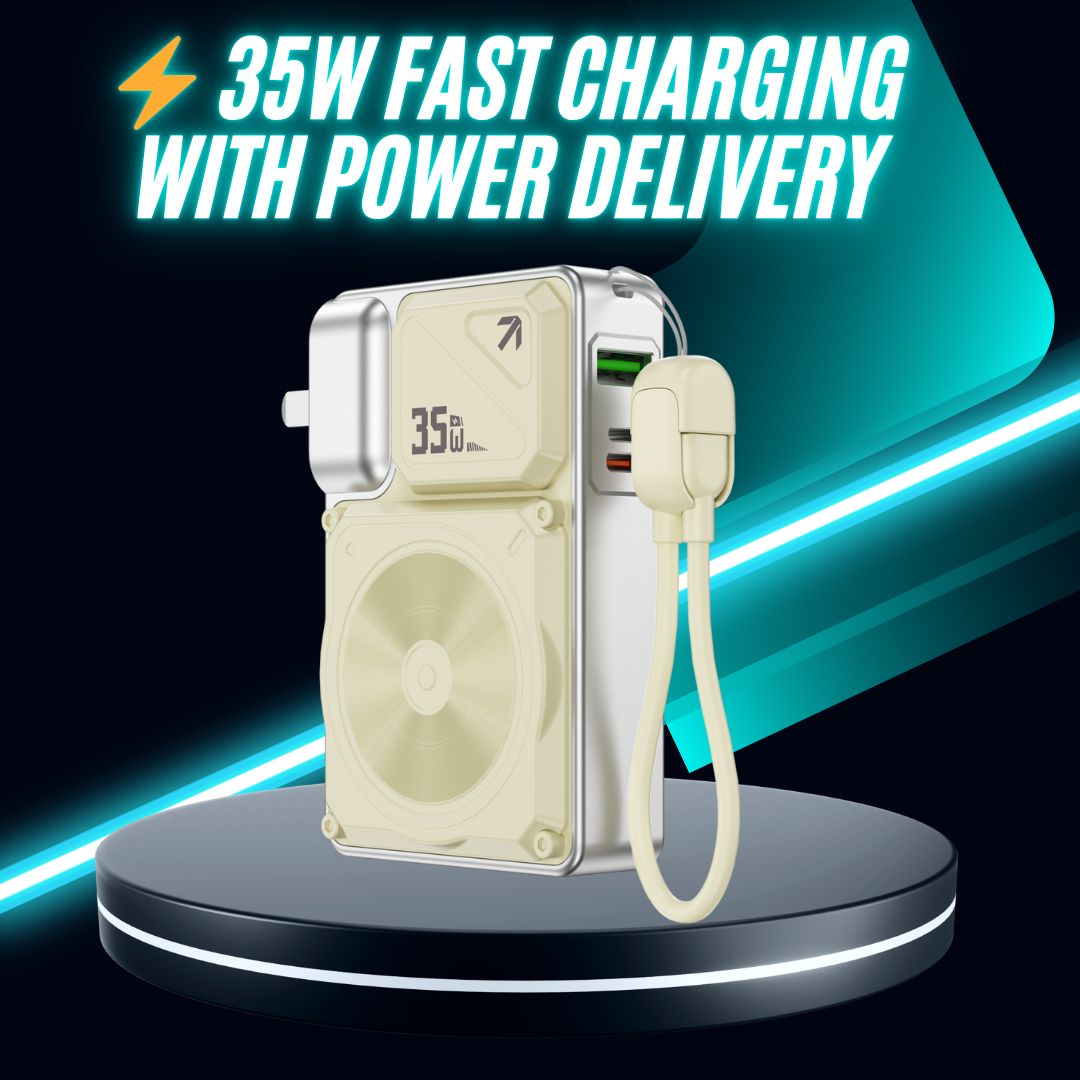 WiWU 35W fast charging power adapter with power delivery, USB ports, and detachable cable displayed on a pedestal
