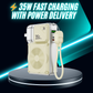 WiWU 35W fast charging power adapter with power delivery, USB ports, and detachable cable displayed on a pedestal
