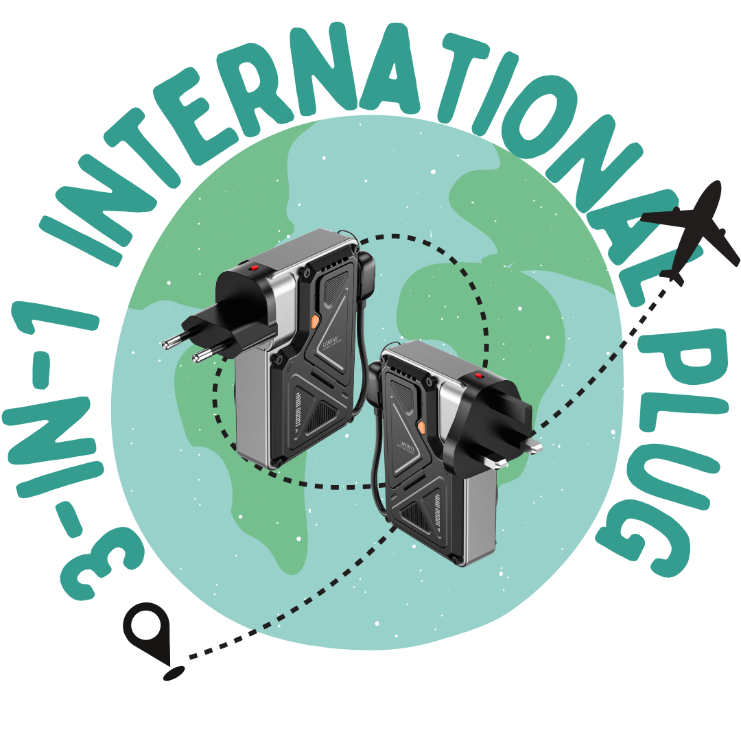 WiWU 3-in-1 international plug adapters with world map background and airplane, ideal for travel charging