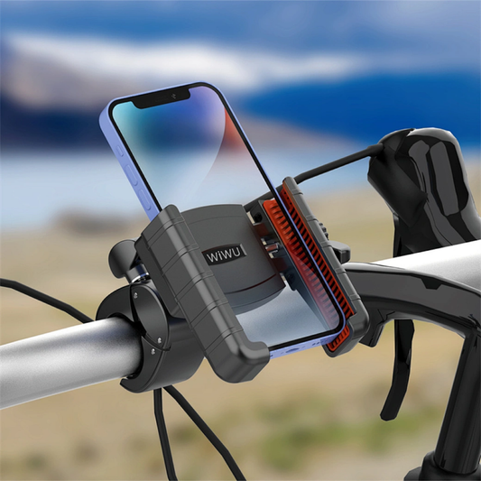 WiWU bike phone holder securely mounted on a bicycle handlebar, holding a smartphone in place.