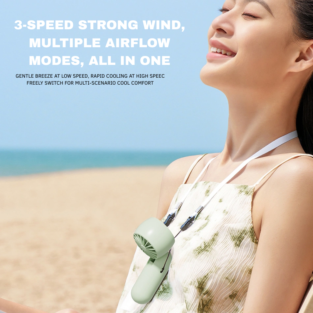 Person wearing green WiWU Bubble Pro handheld fan on lanyard at the beach with text 3 speed strong wind multiple airflow modes