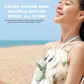 Person wearing green WiWU Bubble Pro handheld fan on lanyard at the beach with text 3 speed strong wind multiple airflow modes
