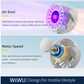 WiWU Bubble Pro handheld fan showing cyclone axial grille and turbine fan blades for optimized airflow low vibration and strong wind distance
