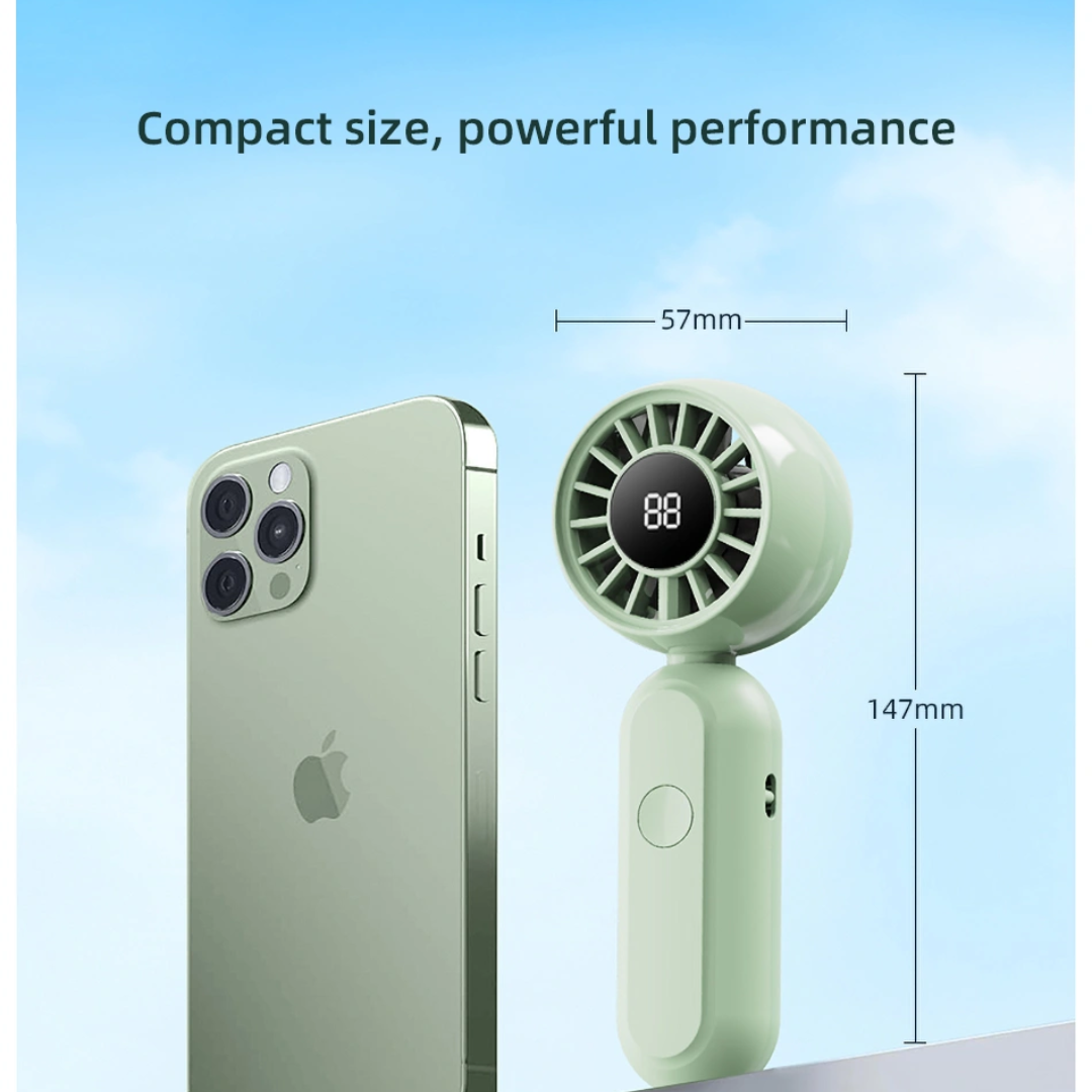 Green WiWU Bubble Pro handheld fan beside smartphone showing compact size with dimensions 147 mm tall and 57 mm wide and text compact size powerful performance