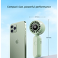 Green WiWU Bubble Pro handheld fan beside smartphone showing compact size with dimensions 147 mm tall and 57 mm wide and text compact size powerful performance