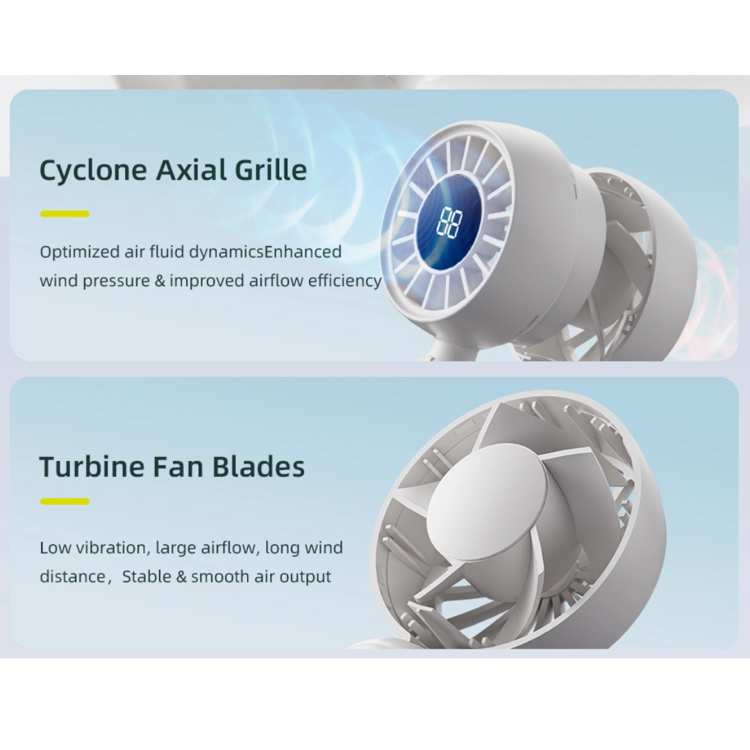 WiWU Bubble Pro handheld fan showing cyclone axial grille and turbine fan blades for optimized airflow low vibration and strong wind distance