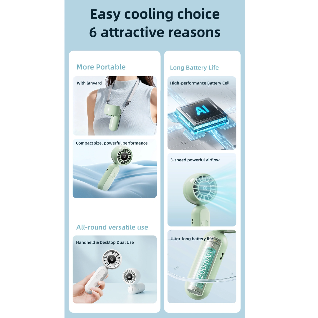 Feature banner for WiWU Bubble Pro handheld fan showing portability lanyard use long battery life 3 speed airflow and handheld or desktop dual use