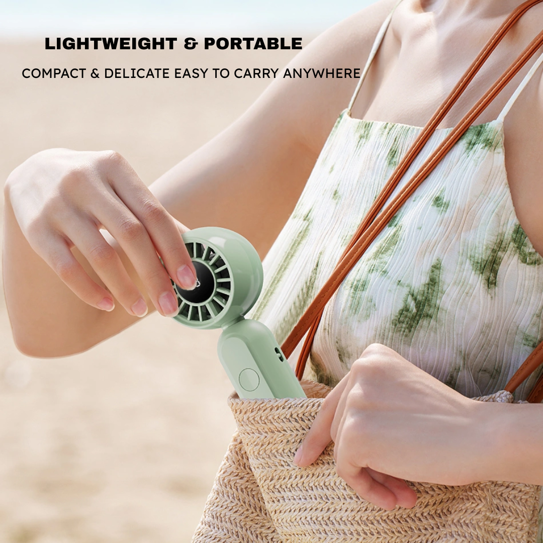 Person putting green WiWU Bubble Pro handheld fan into woven bag at beach with text lightweight and portable compact easy to carry anywhere