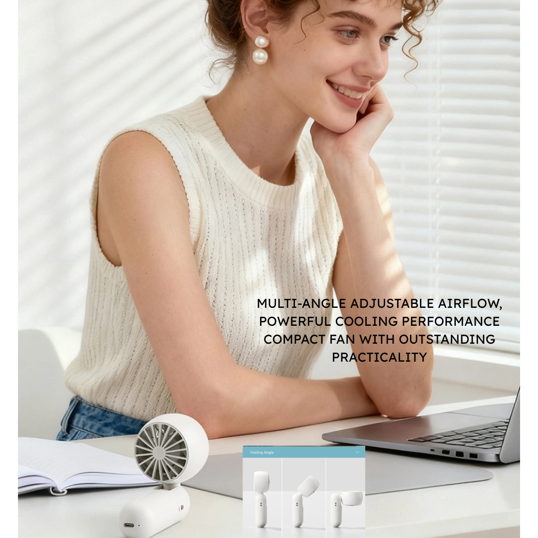 Person working at desk with white WiWU Bubble Pro handheld fan used as multi angle desktop fan with text multi angle adjustable airflow powerful cooling