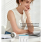 Person working at desk with white WiWU Bubble Pro handheld fan used as multi angle desktop fan with text multi angle adjustable airflow powerful cooling