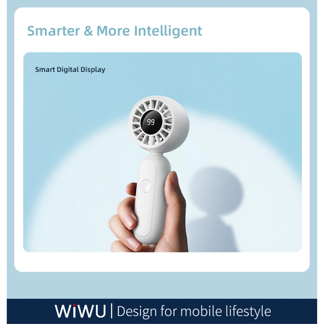 Hand holding white WiWU Bubble Pro handheld fan with smart digital display and text smarter and more intelligent