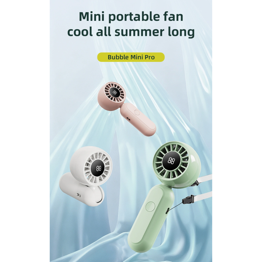WiWU Bubble Pro mini portable handheld fans in pink white and green with text mini portable fan cool all summer long