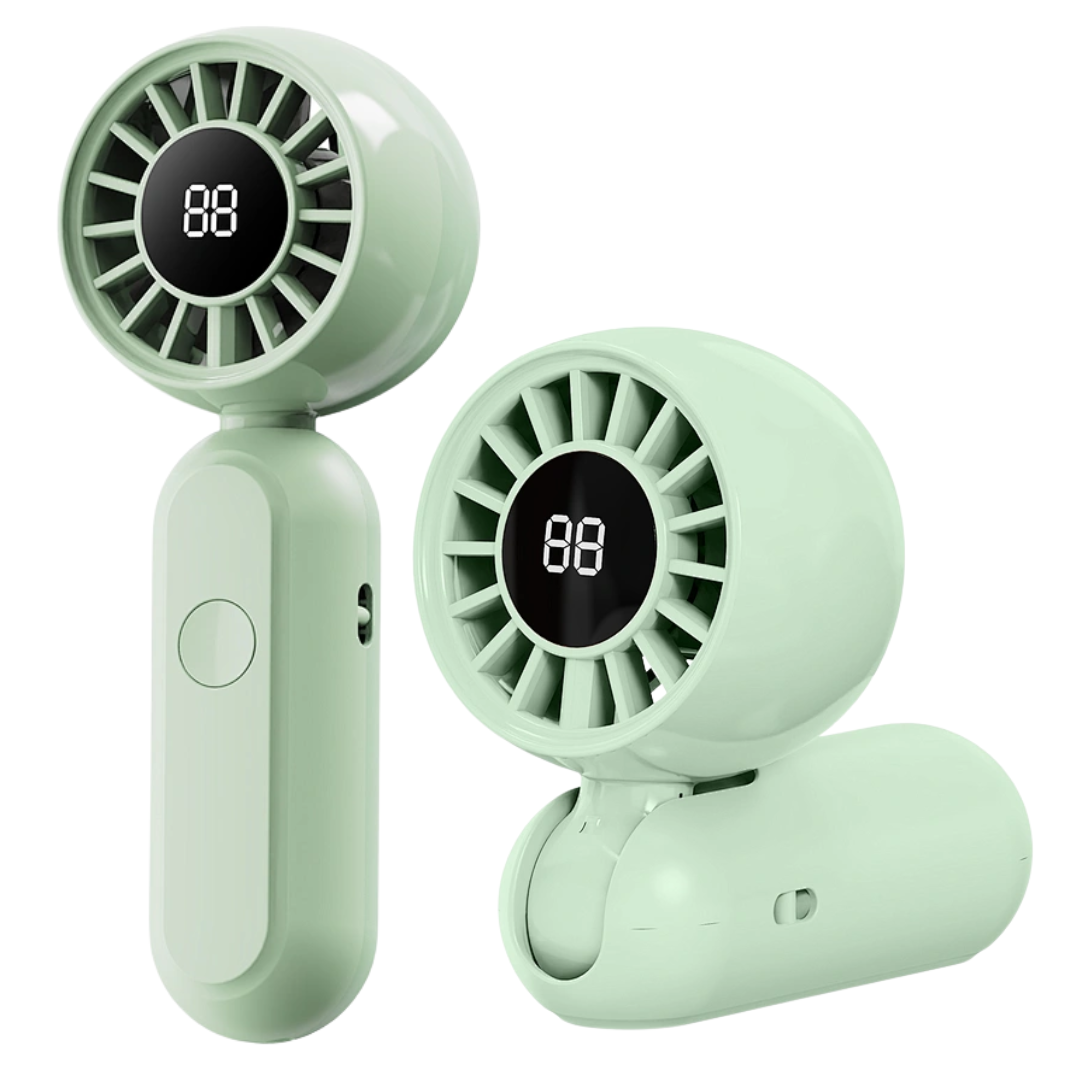 Green WiWU Bubble Pro Wi-FS017 handheld fan showing foldable design and digital battery display