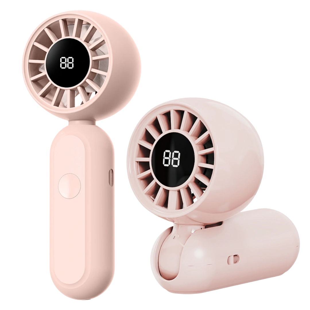 Pink WiWU Bubble Pro Wi-FS017 handheld fan showing foldable design and digital battery display