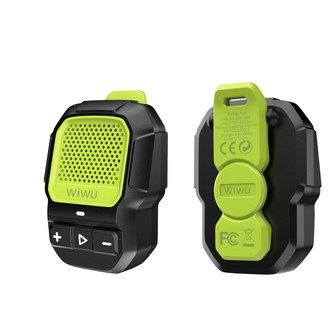 WiWU Buddy Fun green and black Bluetooth portable speaker, front and back views, showing compact design, control buttons, USB charging port, and clip for outdoor or travel use.