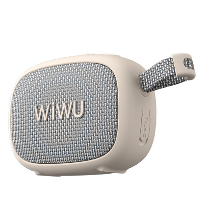 Beige WiWU Buddy Fun clip-on Bluetooth speaker with woven fabric front and Type-C charging port, portable and durable for outdoor use