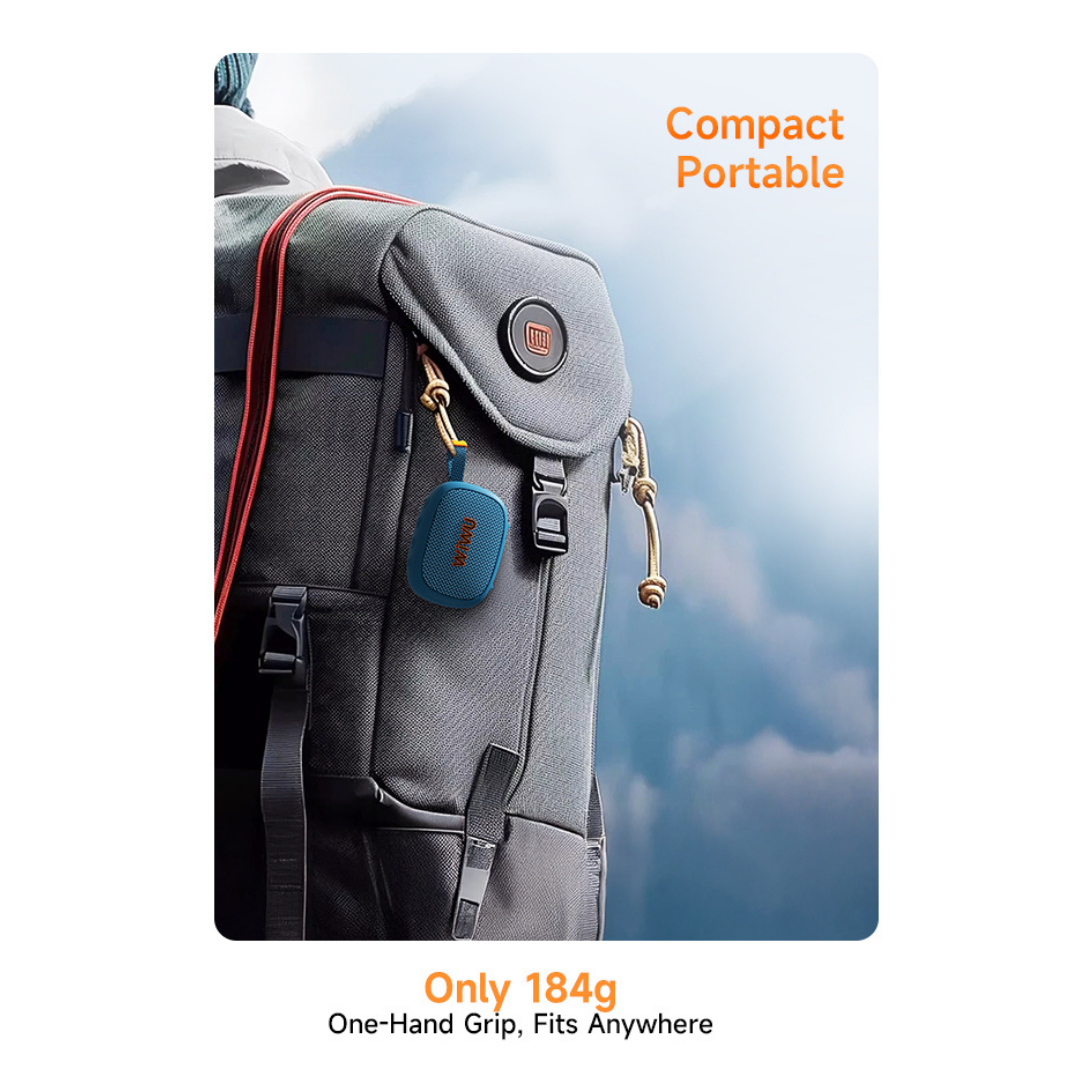 Blue WiWU Buddy Fun clip-on Bluetooth speaker attached to a gray backpack, lightweight and portable for outdoor or travel use
