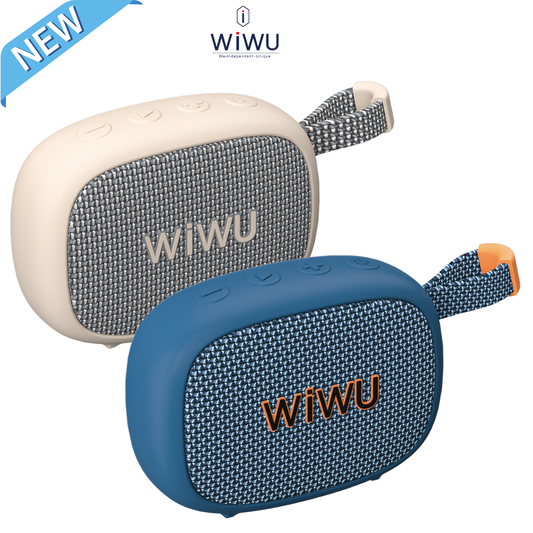 WiWU Buddy Fun clip-on Bluetooth speakers in beige and blue, portable and rugged for outdoor and travel use