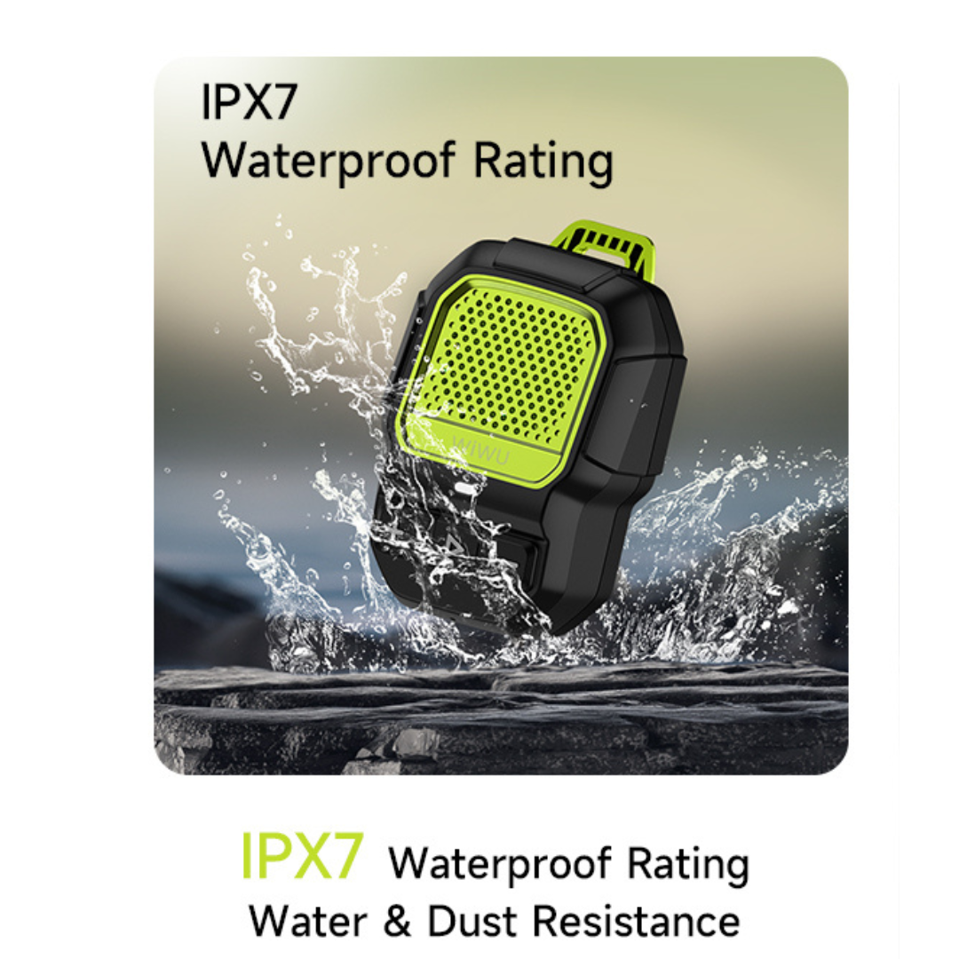 WiWU Buddy Fun green and black Bluetooth portable speaker with IPX7 waterproof rating, water splash demonstration, showcasing rugged outdoor design and water resistance for travel or adventure.