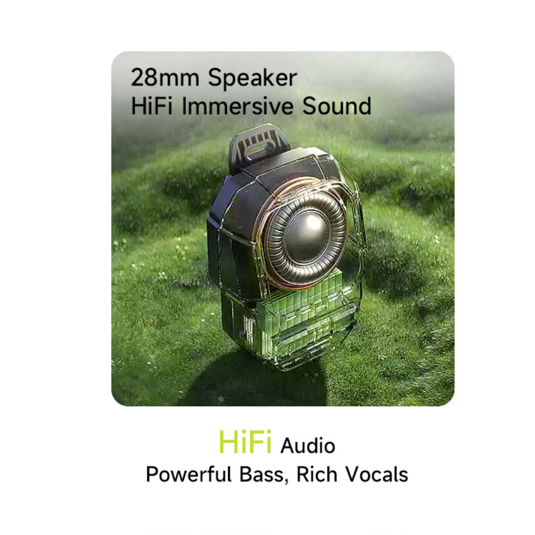 WiWU Buddy Fun mini portable Bluetooth speaker with 28mm HiFi speaker driver, shown on green grass, highlighting immersive sound, powerful bass, and rich vocals.
