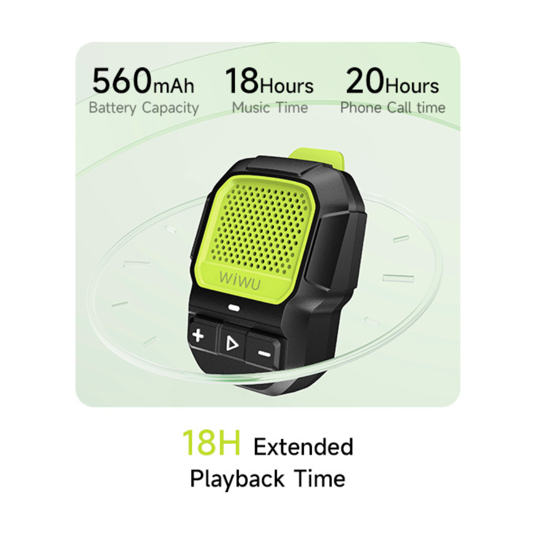 WiWU Buddy Fun Mini green and black Bluetooth portable speaker with control buttons, displaying 560mAh battery, 18 hours music playback, and 20 hours call time on product marketing graphic.