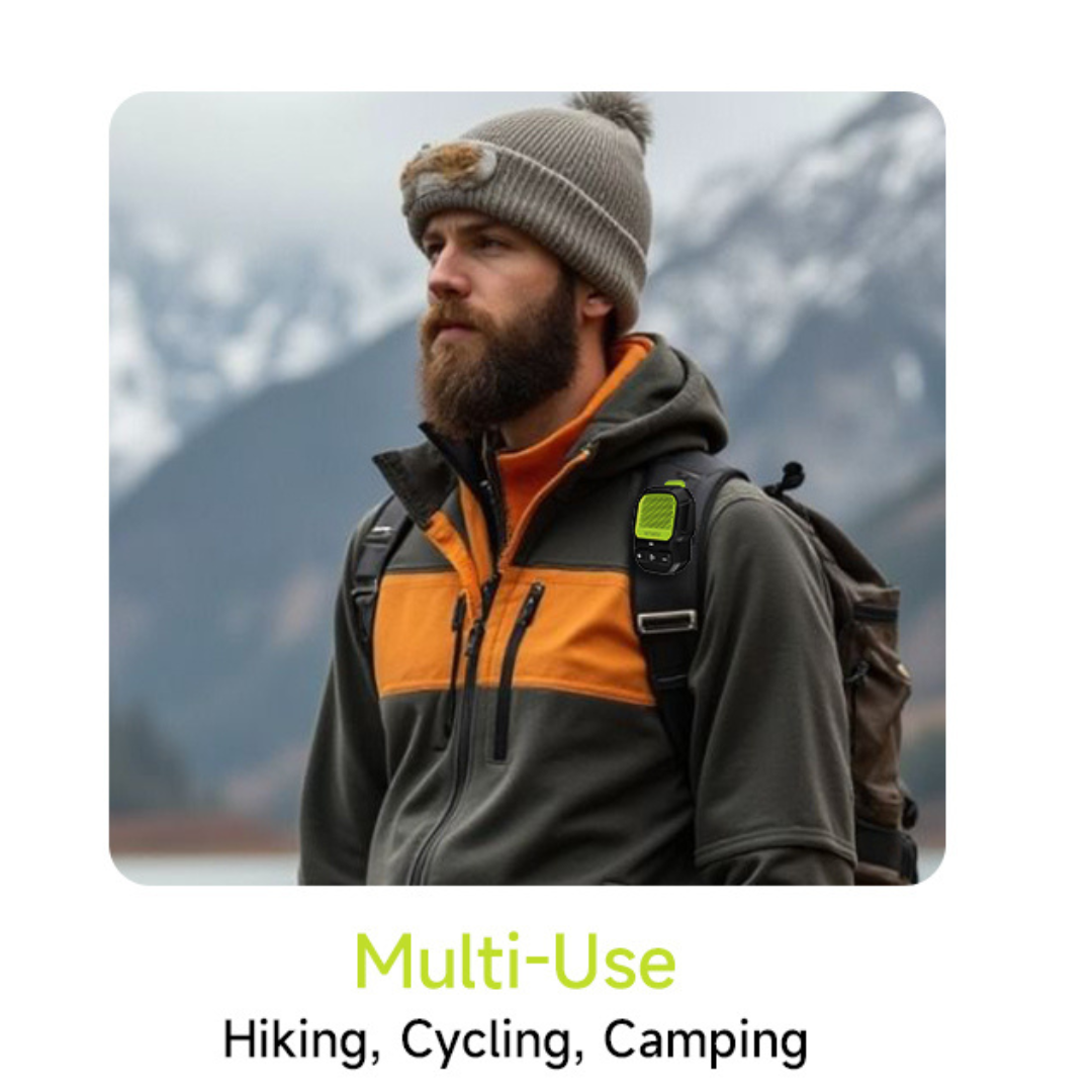 WiWU Buddy Fun Mini portable Bluetooth speaker clipped to a hiker's backpack, shown outdoors with mountains in the background, ideal for hiking, cycling, and camping, highlighting durable design and adventure-ready features.