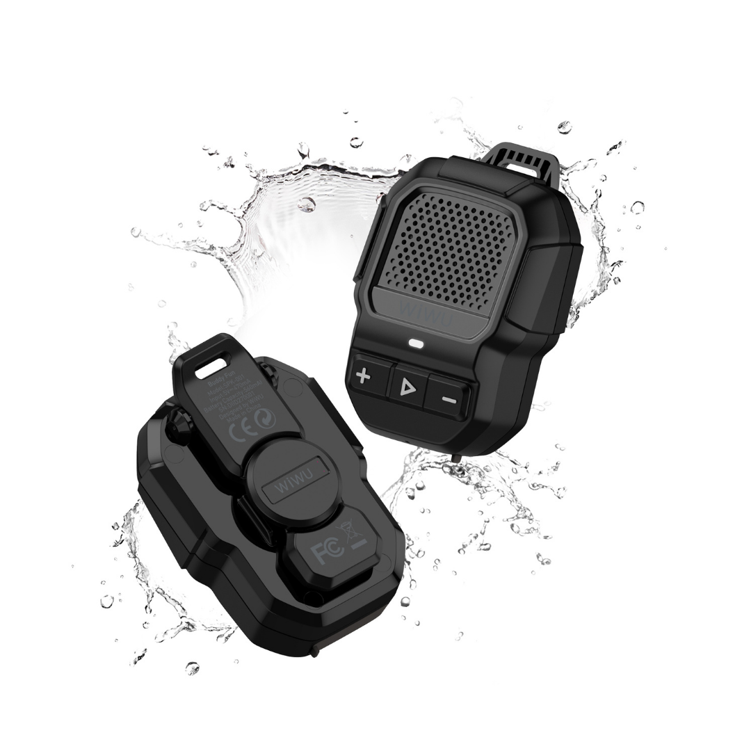 WiWU Buddy Fun Mini black Bluetooth portable speaker with IP54 waterproof rating, shown with water splashes, featuring rugged design, control buttons, front and back views, ideal for outdoor and travel use.