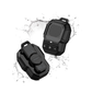 WiWU Buddy Fun Mini black Bluetooth portable speaker with IP54 waterproof rating, shown with water splashes, featuring rugged design, control buttons, front and back views, ideal for outdoor and travel use.