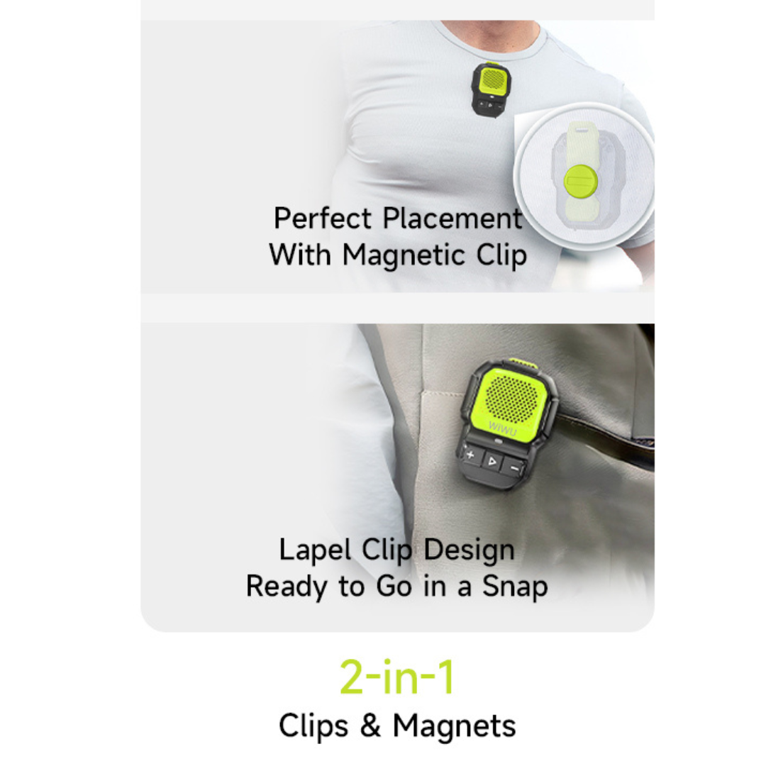 WiWU Buddy Fun Mini green Bluetooth portable speaker with 2-in-1 magnetic and lapel clip design, attached to a shirt and jacket pocket, demonstrating secure placement for hands-free outdoor or travel use.