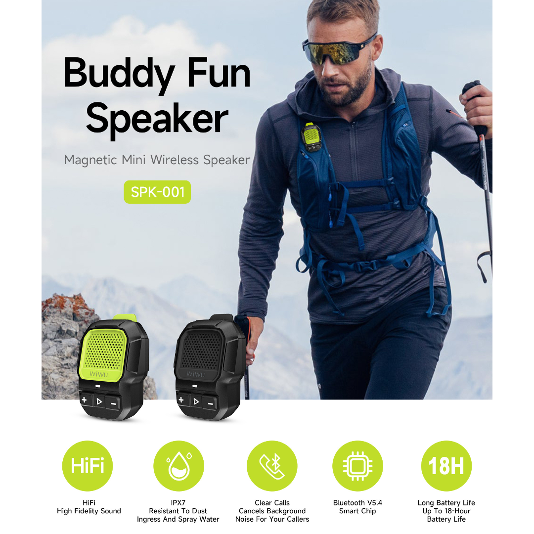 WiWU Buddy Fun mini Bluetooth wireless speaker attached to a hiker's backpack outdoors, highlighting portable design, water resistance, HiFi sound, and long battery life for adventure activities