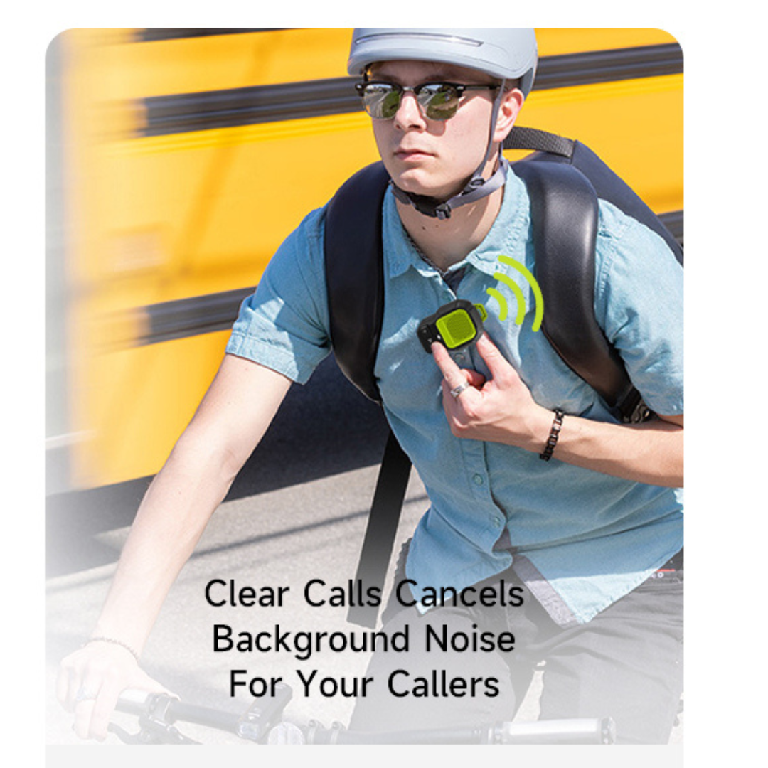 WiWU Buddy Fun portable Bluetooth speaker clipped to cyclist's shirt, demonstrating noise-cancelling clear call feature while riding outdoors for improved caller experience.