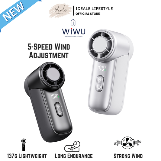 WiWU Ice Core Mini Fan FS018 in black and white showing 5-speed wind adjustment, lightweight 137g design, long endurance battery and strong wind performance from Ideale Lifestyle official store