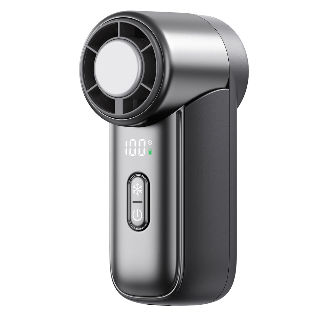 Close up of black WiWU Ice Core Mini Fan FS018 showing front air vents, digital display and control buttons