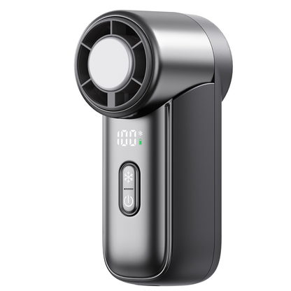 Close up of black WiWU Ice Core Mini Fan FS018 showing front air vents, digital display and control buttons