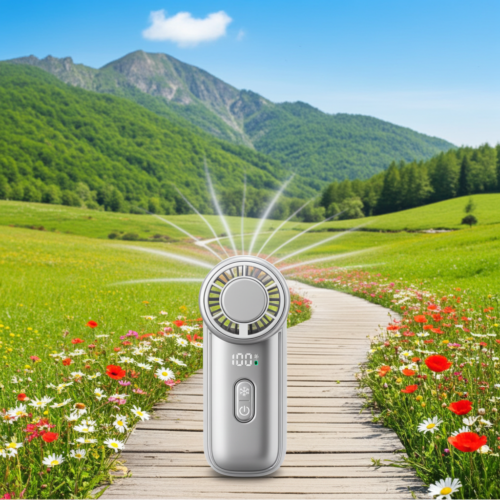 WiWU Ice Core Mini Fan FS018 placed on a wooden path in a sunny meadow, illustrating strong cooling airflow for outdoor travel and summer use