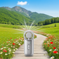 WiWU Ice Core Mini Fan FS018 placed on a wooden path in a sunny meadow, illustrating strong cooling airflow for outdoor travel and summer use