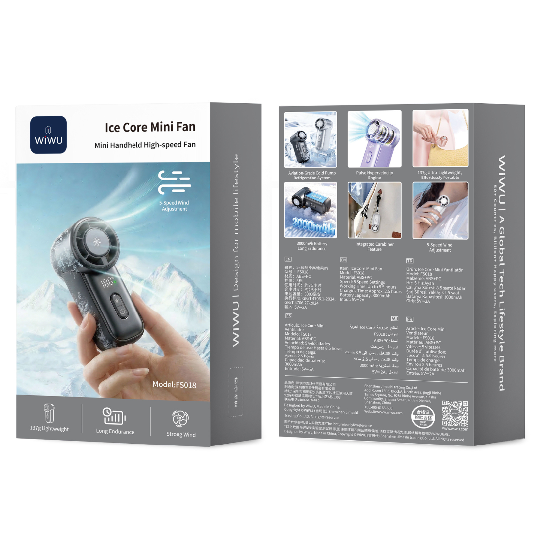 Retail packaging of WiWU Ice Core Mini Fan FS018 showing front box design with handheld mini fan image and back of box highlighting key features and specifications