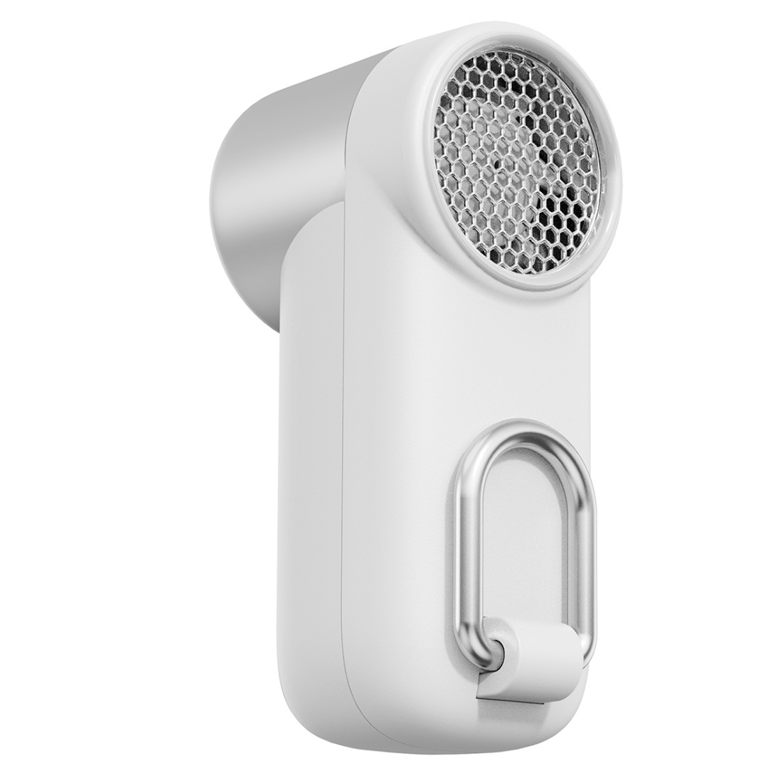 Back view of white WiWU Ice Core Mini Fan FS018 showing rear air intake grille and built-in metal carabiner for attaching to bags or belts