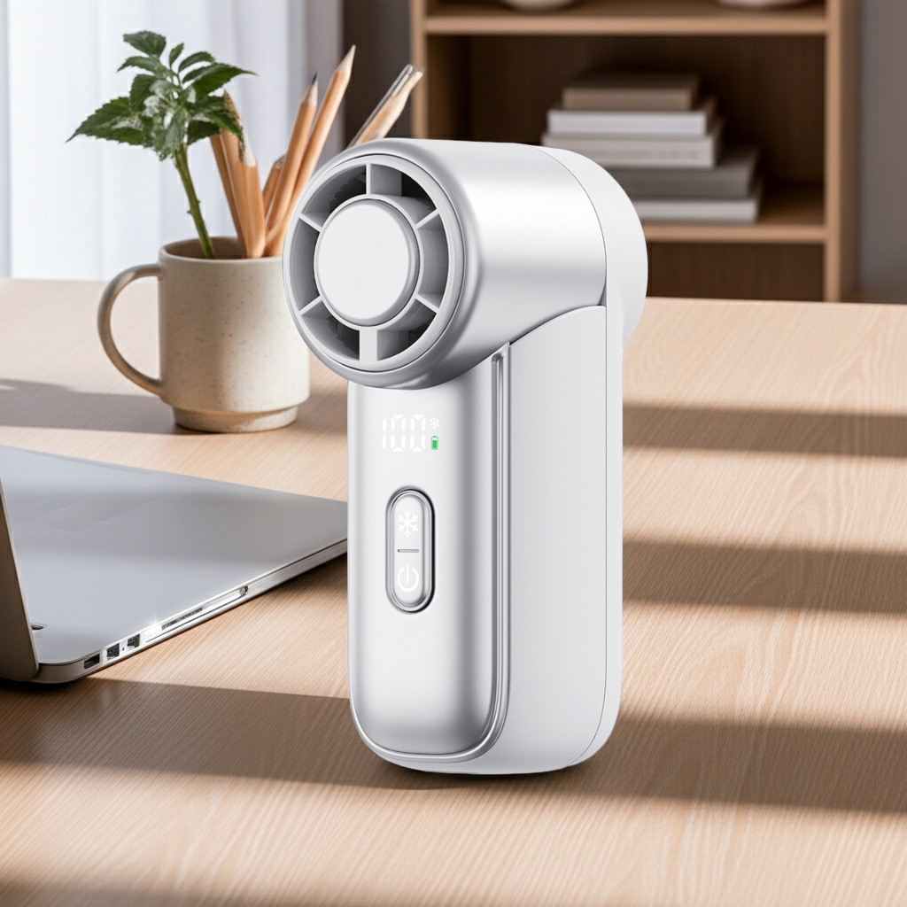 White WiWU Ice Core Mini Fan FS018 standing on a desk beside a laptop, showing compact design and front digital display for office or home use