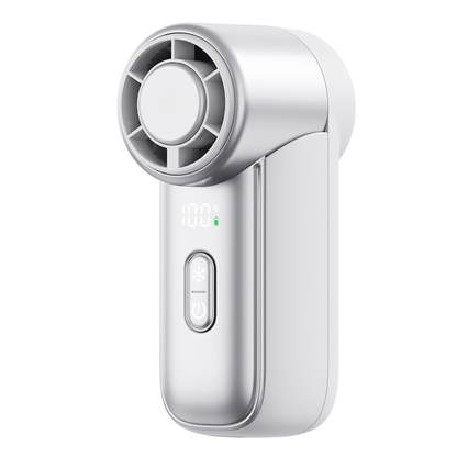 Close up of white WiWU Ice Core Mini Fan FS018 showing front cooling vents, digital display and control buttons