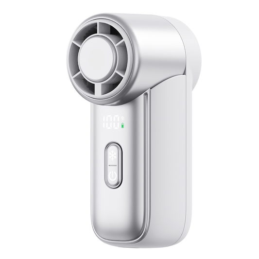 Close up of white WiWU Ice Core Mini Fan FS018 showing front cooling vents, digital display and control buttons