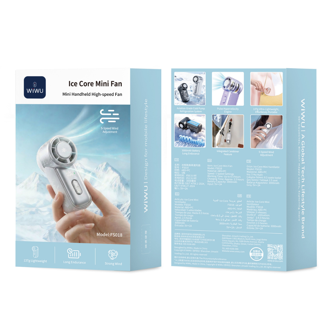 Retail packaging of white WiWU Ice Core Mini Fan FS018 showing front box design with handheld mini fan image and back of box listing key features and specifications