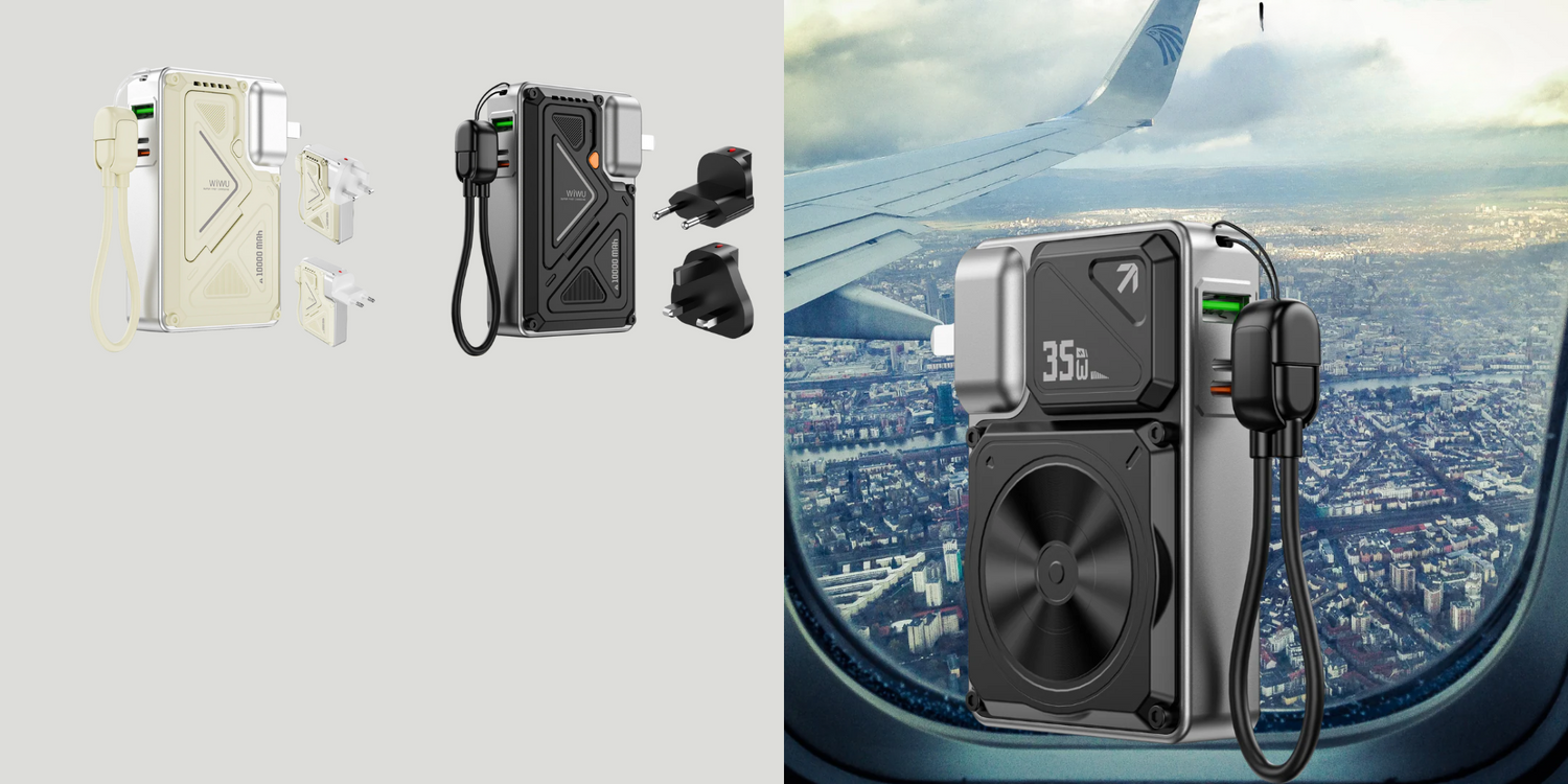 WiWU Knight 10,000mAh power bank with 35W fast charging, MagSafe magnetic grip, foldable stand, and international travel adapters, shown in multiple colors and in-flight for travel use.