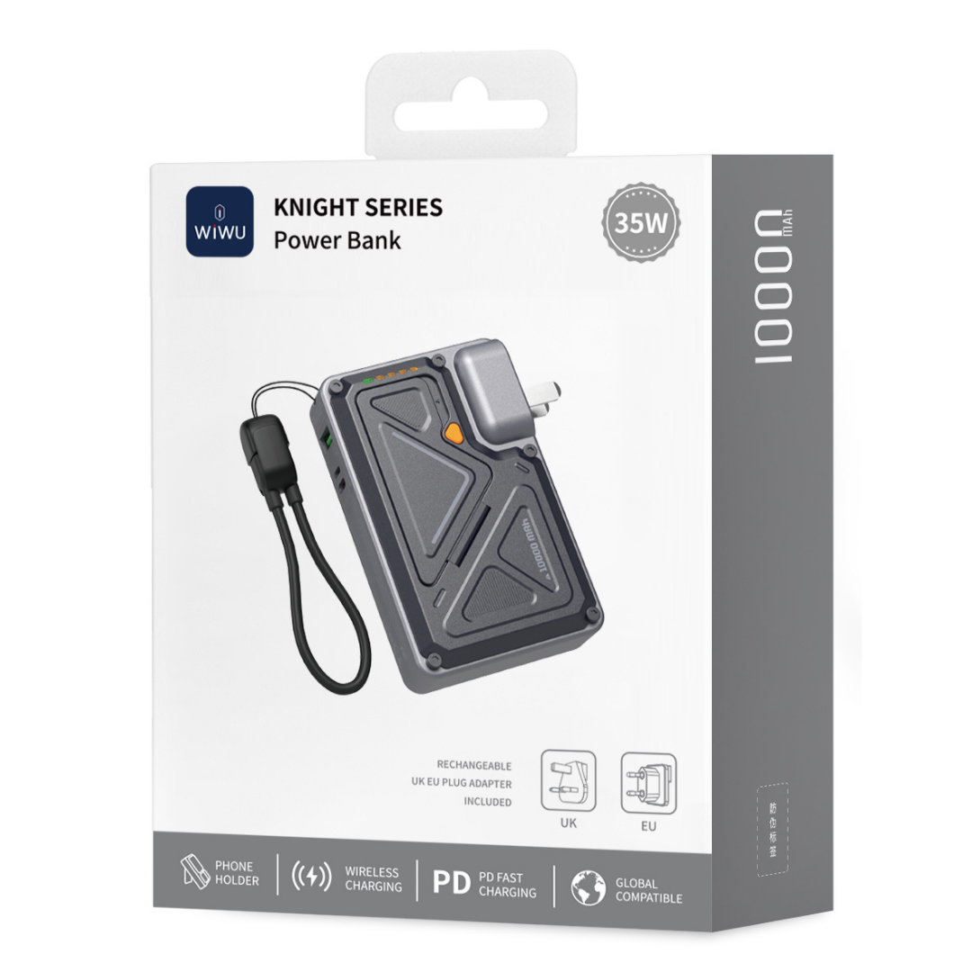 WiWU Knight 10000mAh power bank with interchangeable UK and EU plug adapters, 35W fast charging, and phone holder feature for global travel