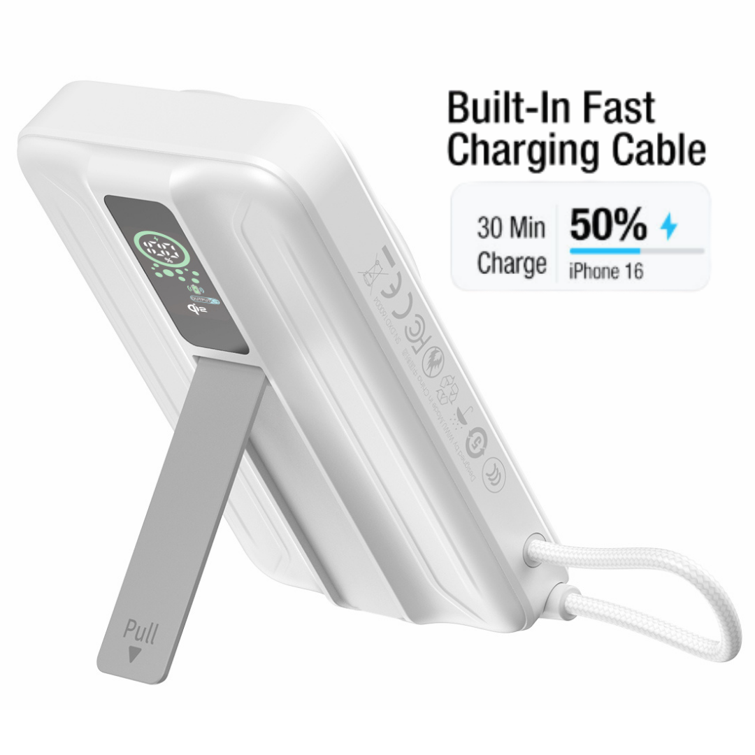 WiWU Mag Pro Qi2 MagSafe power bank using foldable kickstand with built in fast charging cable capable of charging an iPhone 16 to 50 percent in 30 minutes