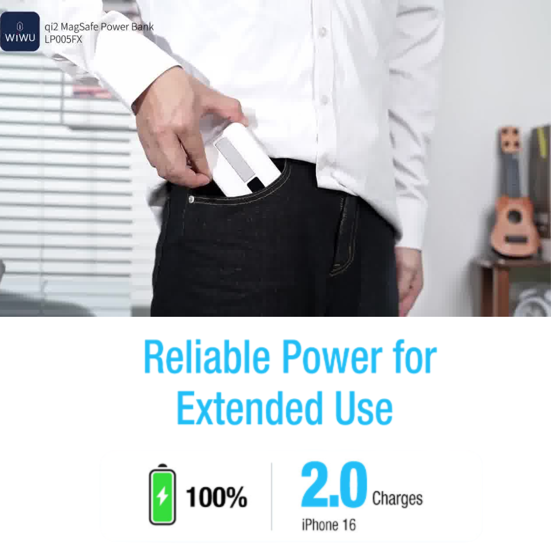 Person carrying WiWU Qi2 MagSafe power bank in pocket showing compact size and reliable power providing up to 2 full charges for iPhone 16