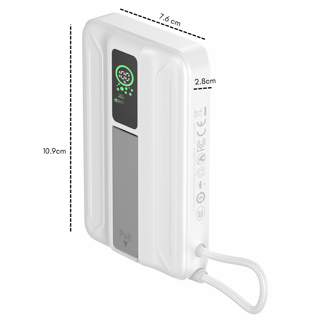 Side view of WiWU Mag Pro Qi2 MagSafe power bank showing compact size with digital display and dimensions 10.9 cm by 7.6 cm by 2.8 cm
