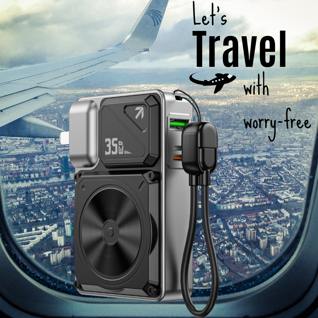 WiWU magnetic 10000mAh power bank with foldable stand and digital display shown in front of airplane window, perfect for worry-free travel charging
