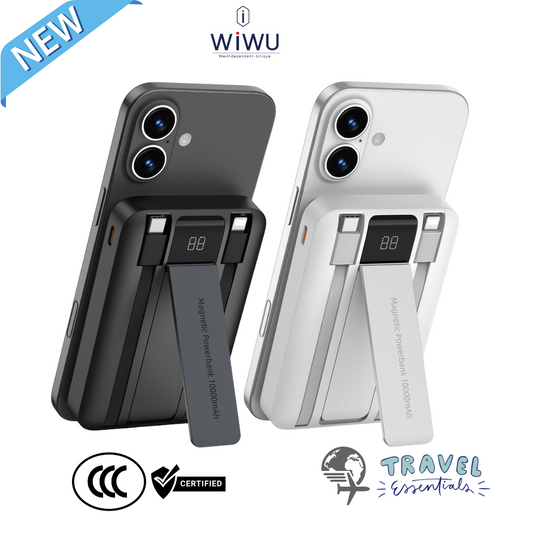Dual-color WiWU magnetic 10000mAh power banks with digital display and foldable stand attached to smartphones